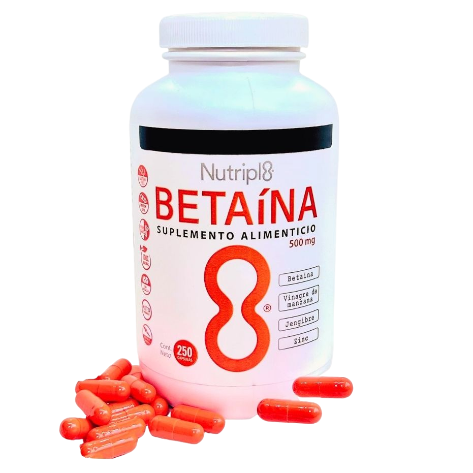 Nutripl8 Betaína, frasco con cápsulas