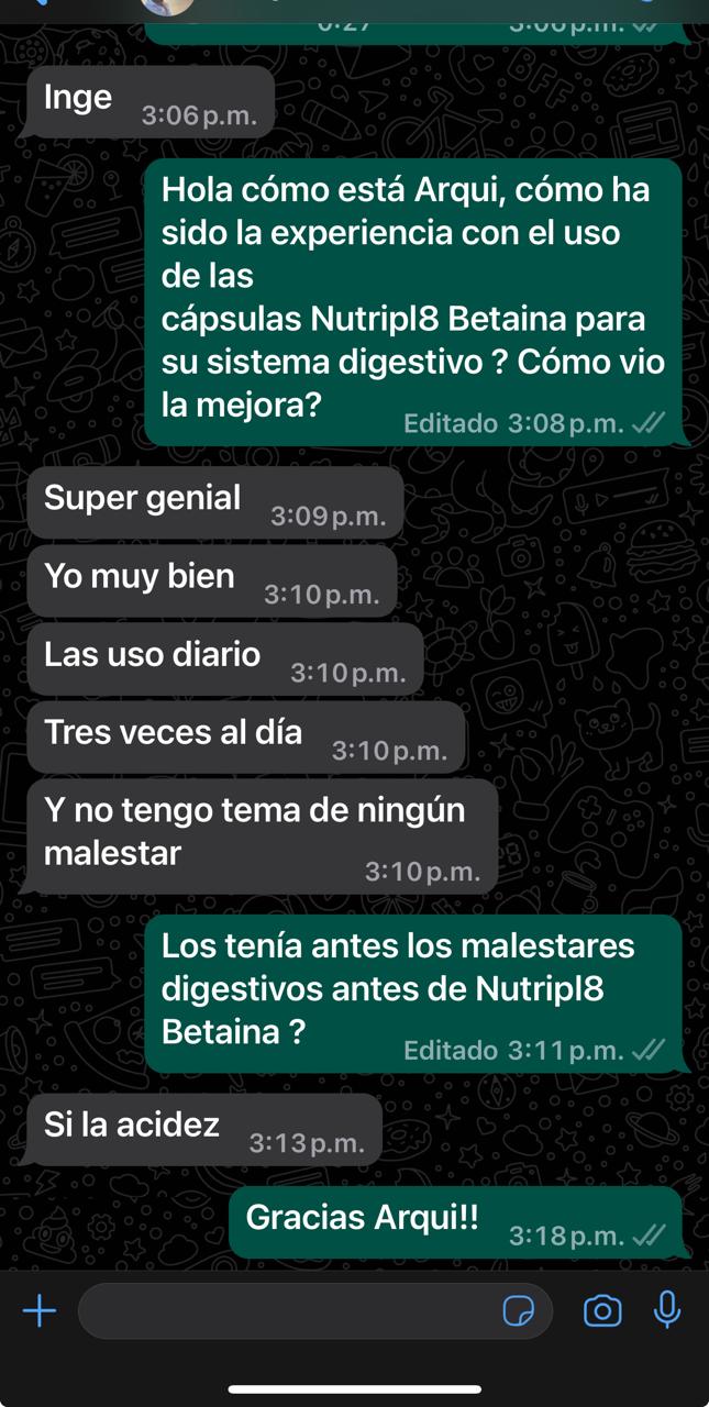 Testimonio de cliente por WhatsApp sobre acidez